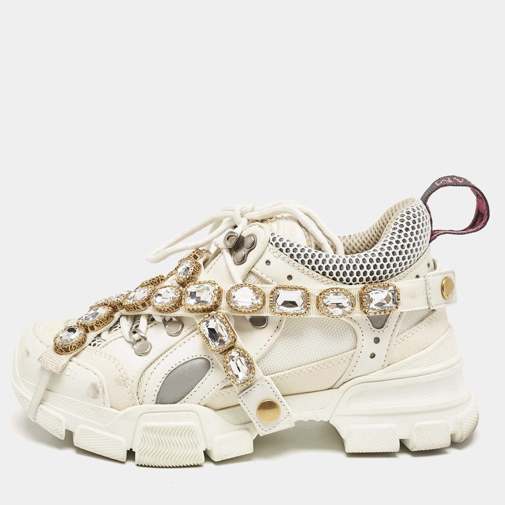 Gucci White Leather and Mesh Flashtrek Chunky Sneakers Size 36