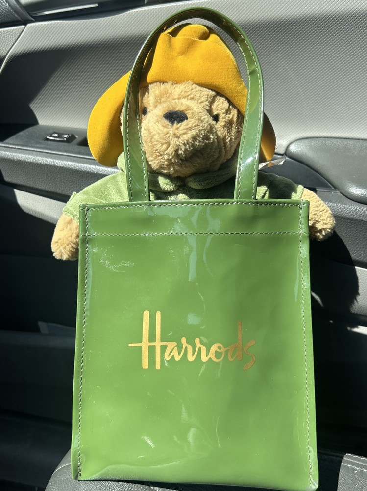 Harrods Paddington Bear Plush Toy With Green Coat & Yellow Hat In Harrods Bag