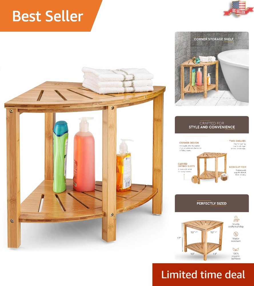 Space-Saving Premium Bamboo Corner Shower Bench - Bamboo Spa Shelf - Great Value