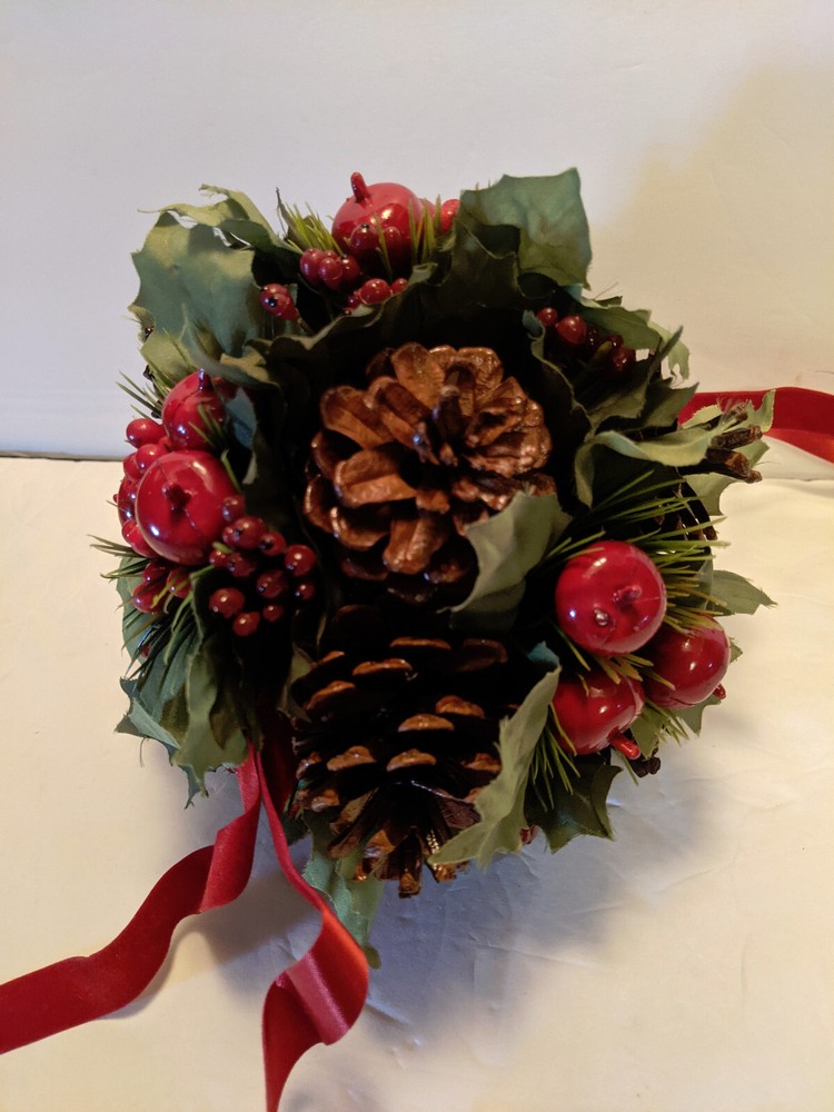 VTG 1970s 1980s Christmas Kissing Ball with Pine Cones Holly Red Velvet Ribbon