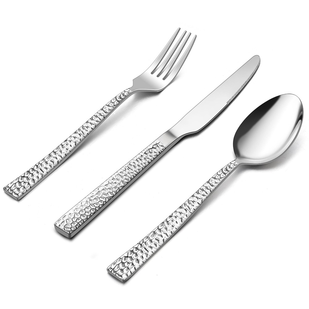 24-Piece Hammered Forks Spoons and Knives Set, Silverware Set for 8, Stainles...