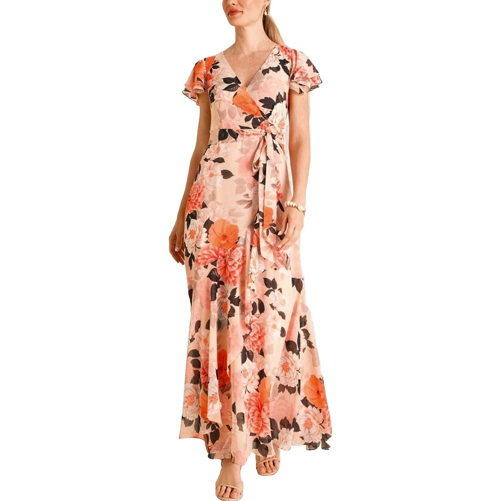 New! Eliza J Womens Floral Flutter Sleeve Maxi Dress Size 10