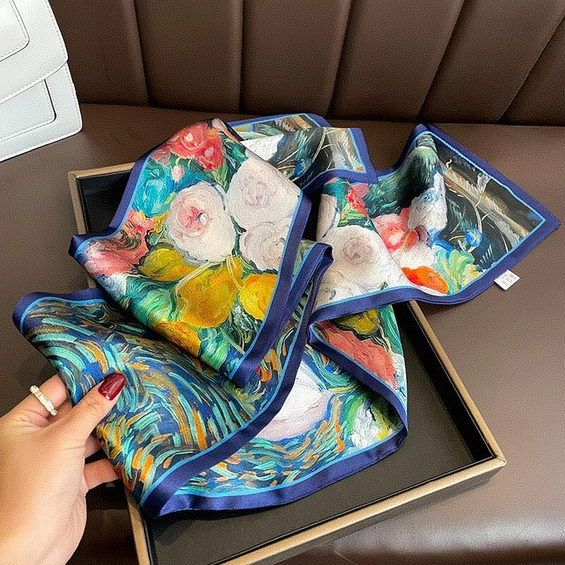 Double-Sided 100% Pure Silk Long Scarf for Women Vintage Floral Neckerchief 150x15cm