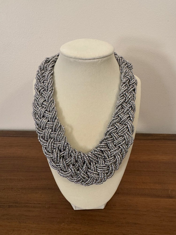 Silver-tone Braided Glass Beaded Necklace