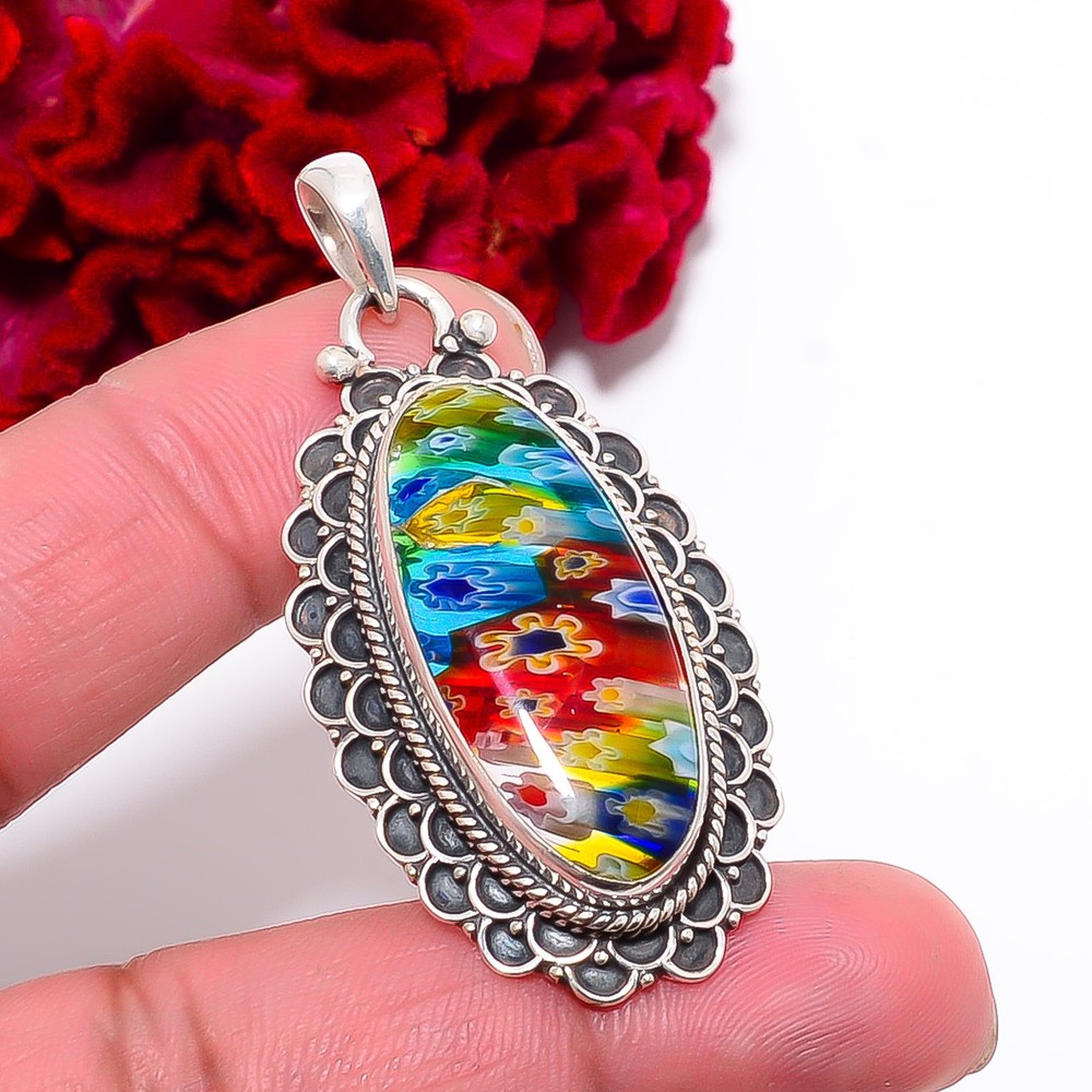 Millefiori Murano Glass Designer Handmade 925 Sterling Silver Pendant 2.15