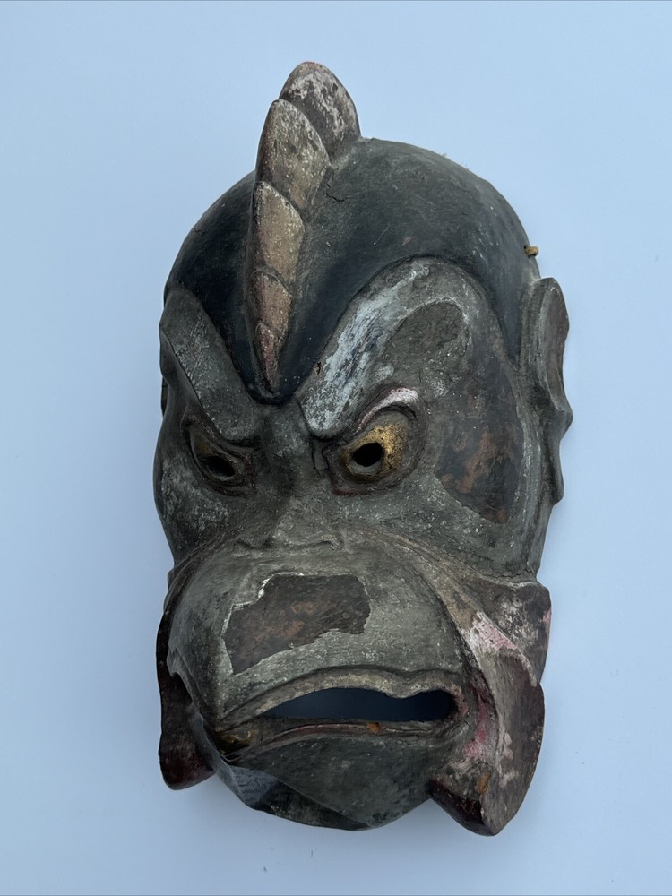 ANTIQUE JAPANESE SIGNED MASK PAINTING CARVING THEATRE MANBIRD FACE HEAD RELIC