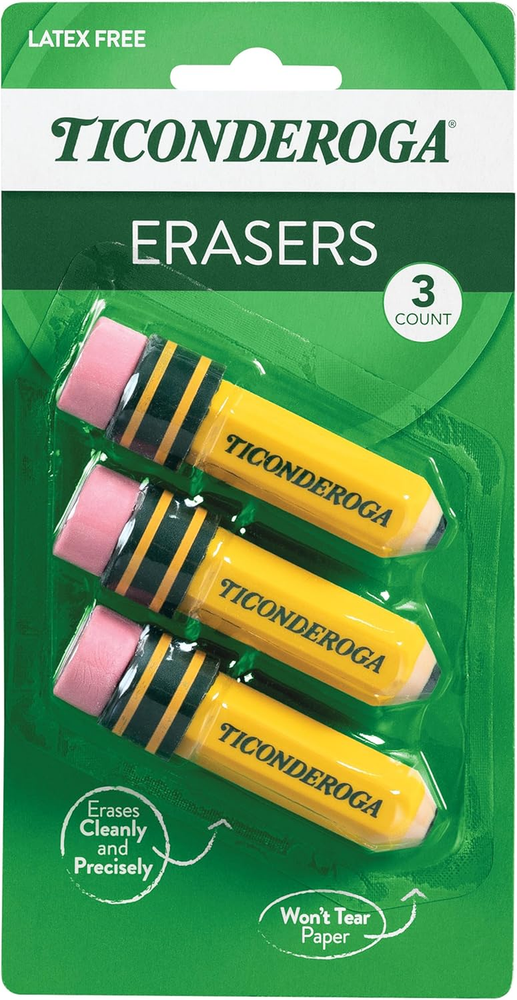 TICONDEROGA Pencil-Shaped Latex-Free Erasers, Yellow, 3-Pack (38953)