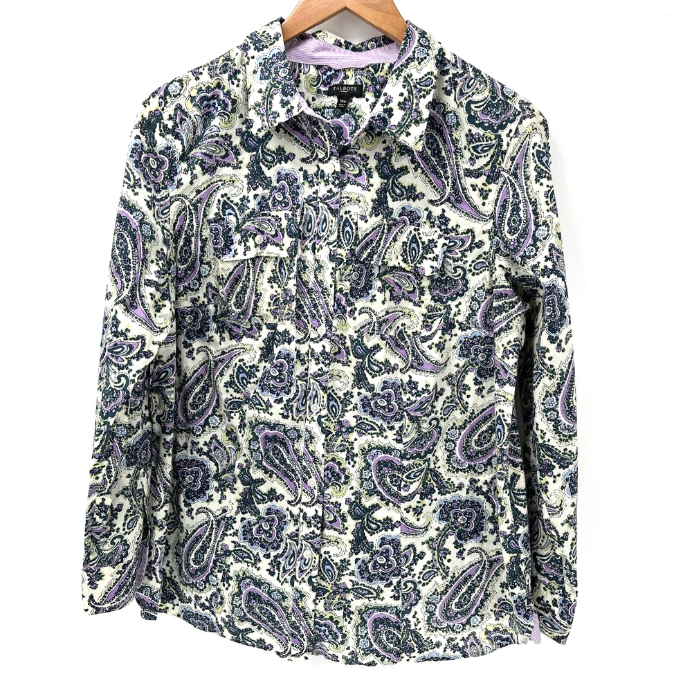 Talbots Blouse Womens 14W Button Up Paisley Floral Long Sleeves Purple Blue