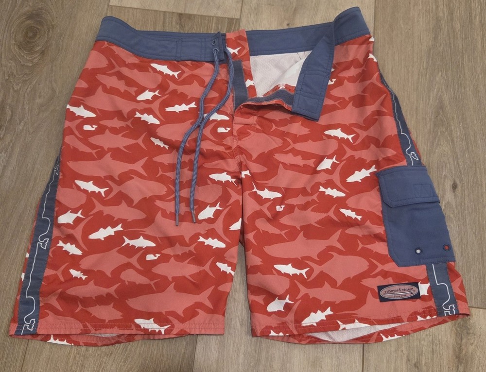 Mens VINEYARD VINES Tuna Shark Whale School Fish Swim Board Trunks Shorts 34