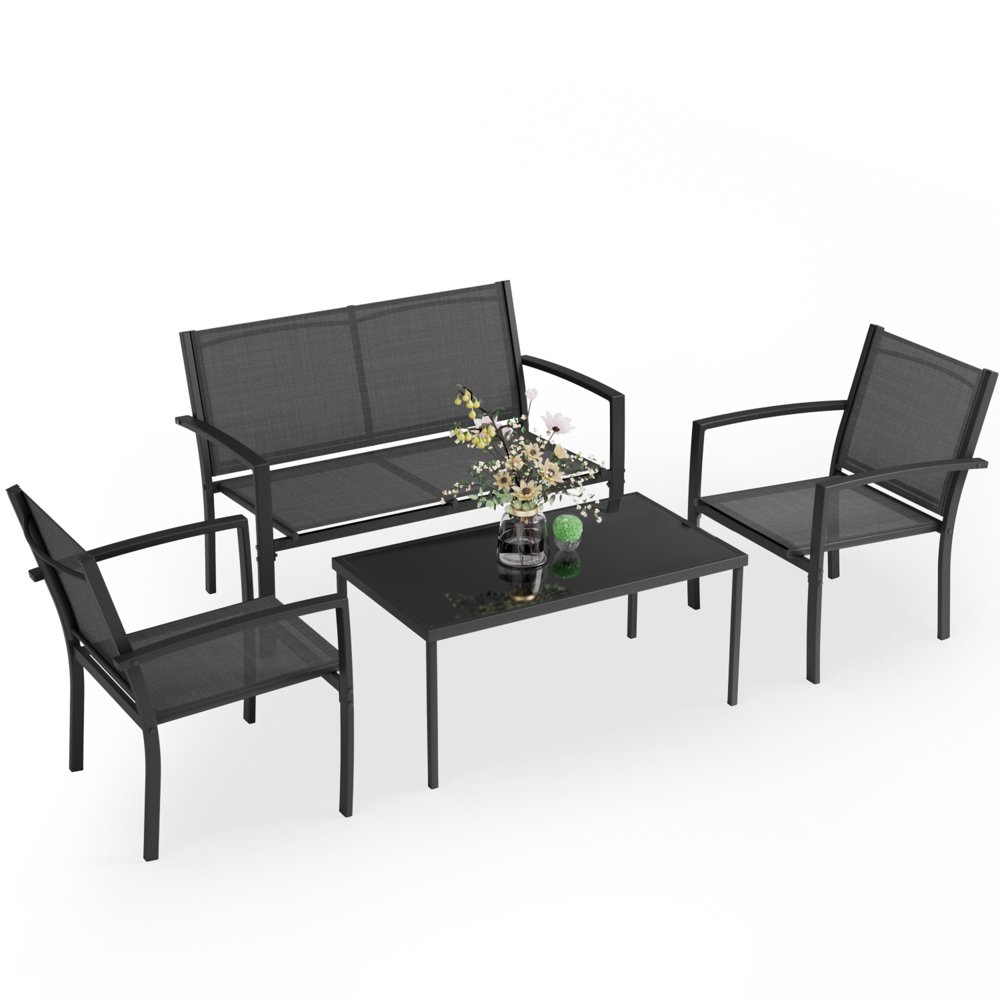 4 Piece Outdoor Glass Coffee Table And Chairs Patio Furniture Set Clearance Sale-image