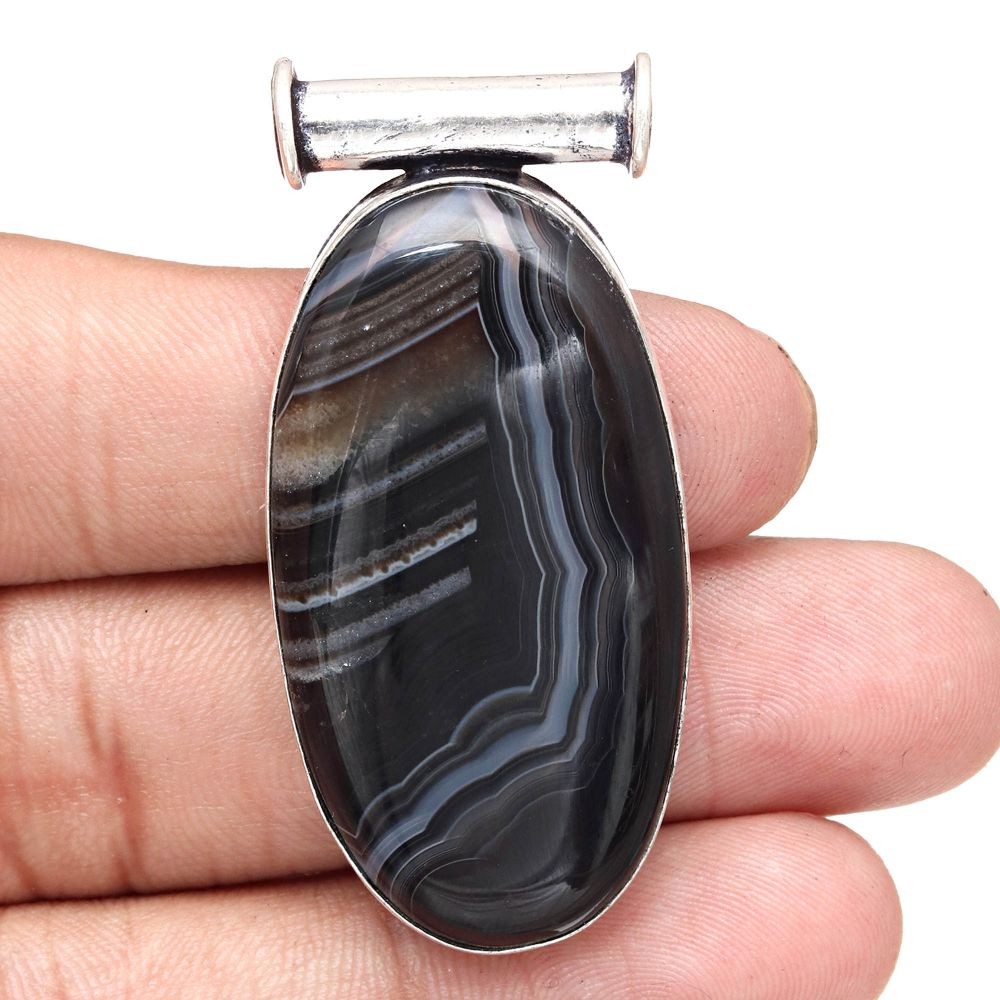 Banded Agate Pendant Handmade Silver Jewelry for Mothers Day Gift 2 Inch