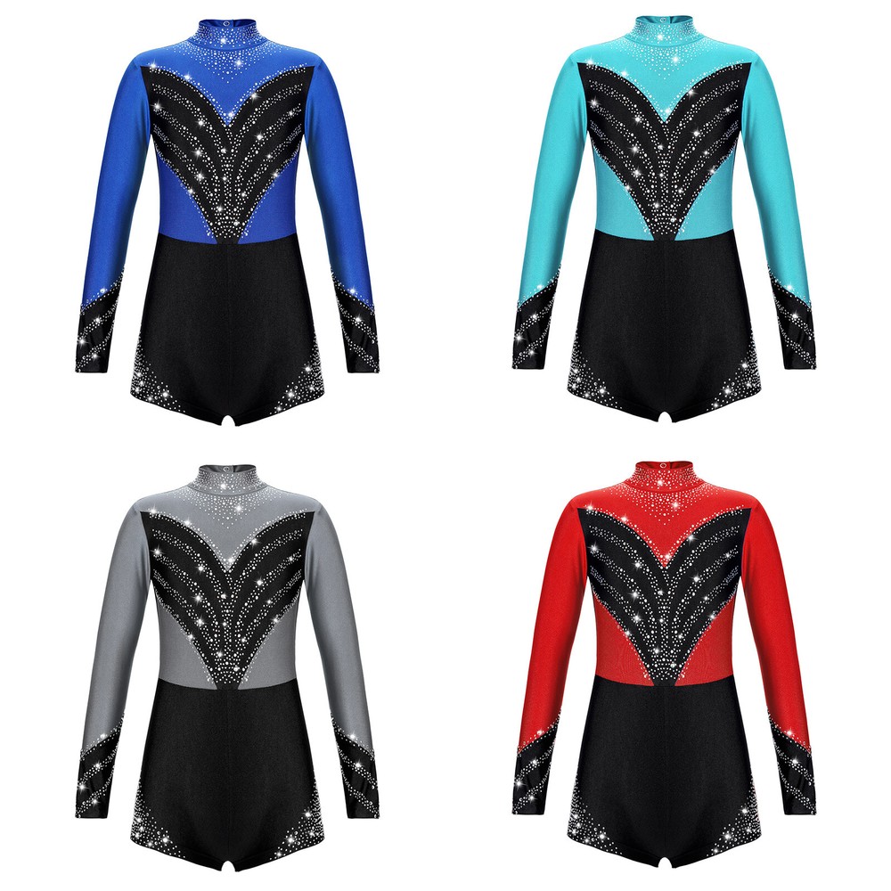 US Kids Girls Leotard One Piece Dancewear Mesh Jumpsuit Shiny Bodysuit Clothing