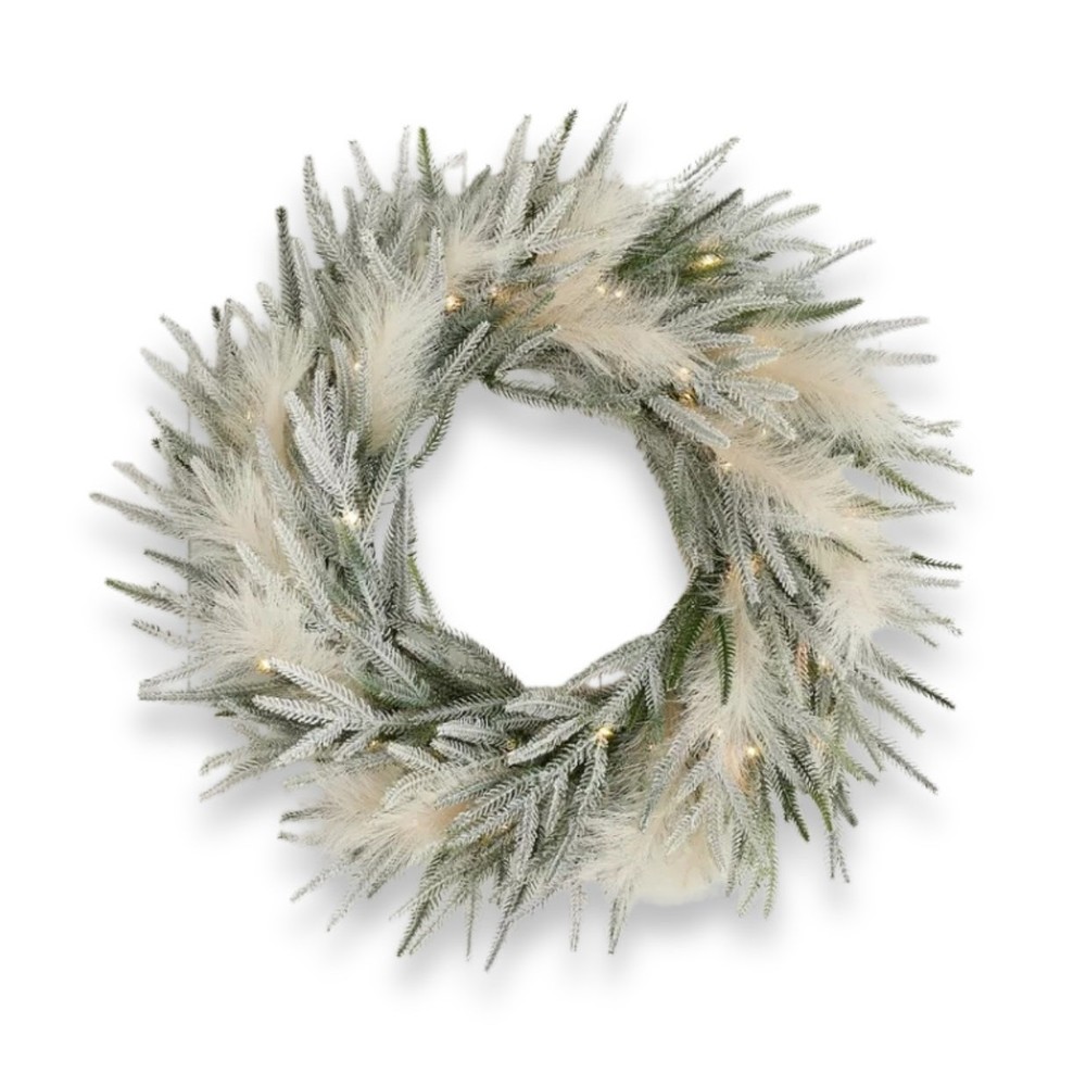 Seasonal LLC Prelit Christmas Pine Pampas Wreath 26 Inch LED Lights 400 Branches-image