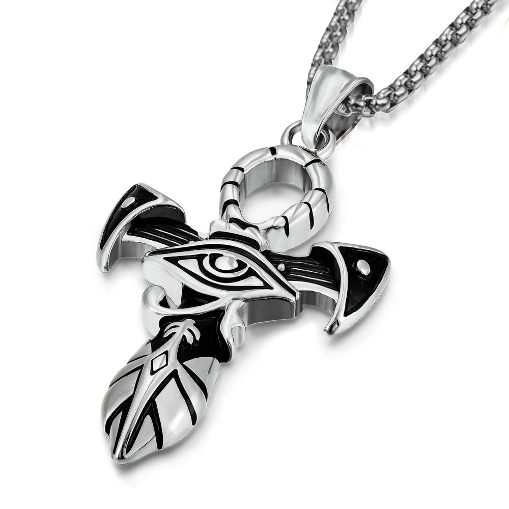 Men Women Eye Cross Necklace Stainless Steel Vintage Egyptian Pendant Chain Gift