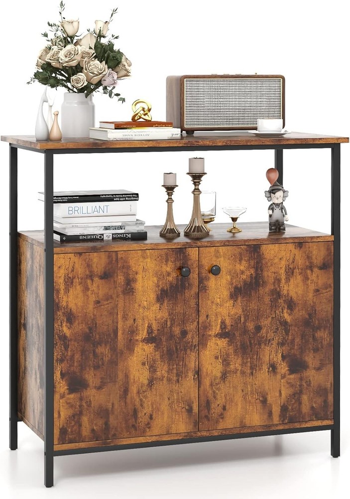 Industrial Buffet Cabinet with Storage and Coffee Bar Station Open Shelf  