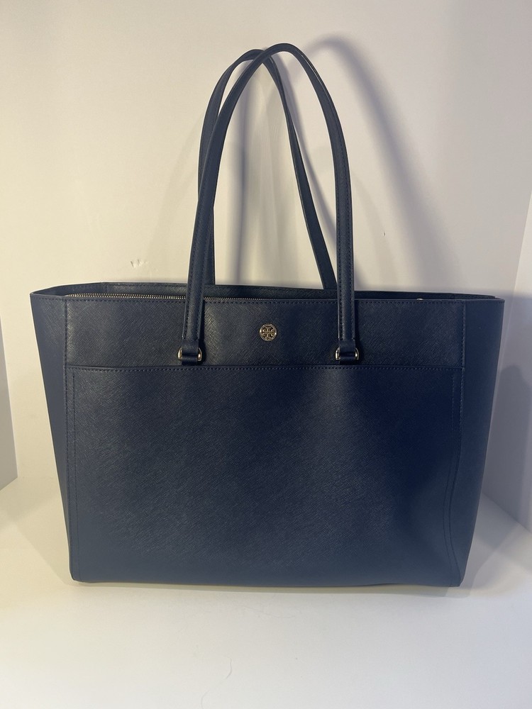 Tory Burch Parker Tote, specifically in a navy blue leather.