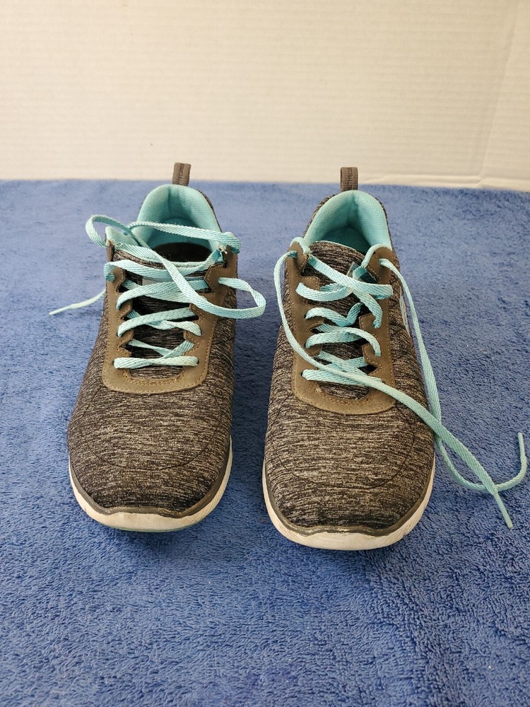 Sketchers Women Lite Weight Air Cooled Memory Foam Black Teal Athletic Shoe  10