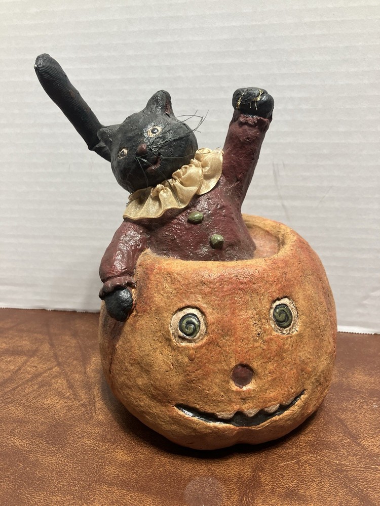 Primitive Halloween Black Cat in Pumpkin Figurine Folk Art Decor 8” JackOLantern