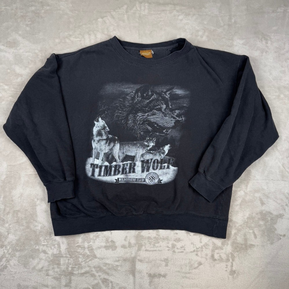 Vintage American Outdoors Mens 2XL Timber Wolves Crewneck Sweatshirt 90s Black