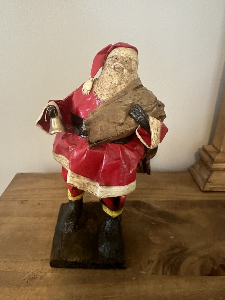 RARE! Antique Paper Mache Red Suit Santa Claus On Wood Base 8.5”T