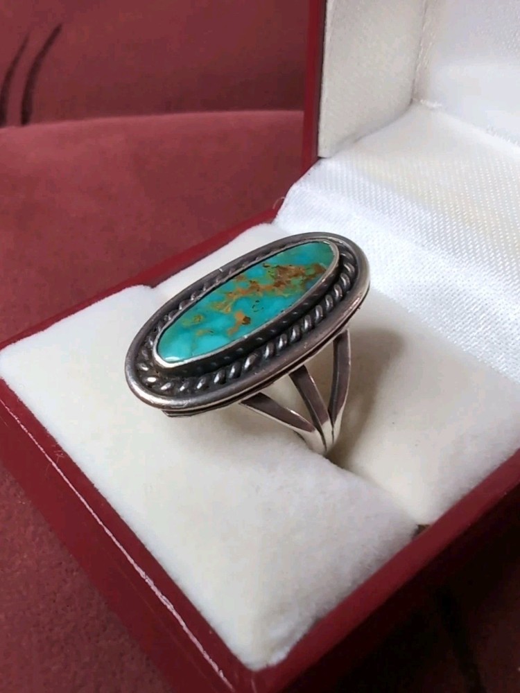 Vintage Oval Green Turquoise Silver Handmade Statement Ring Size 8.25