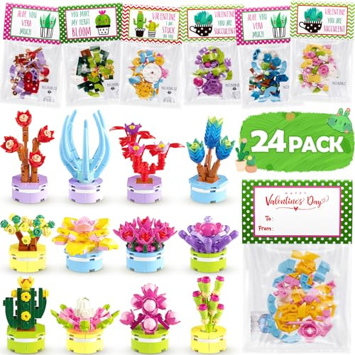 Valentines Day Gifts for Kids, 24 Pack Succulents Plants Building Blocks with