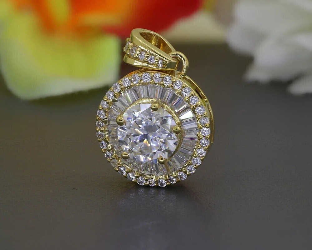 2Ct Round Cut Simulated Diamond Halo Pendant 14K Yellow Gold Plated 925 Silver