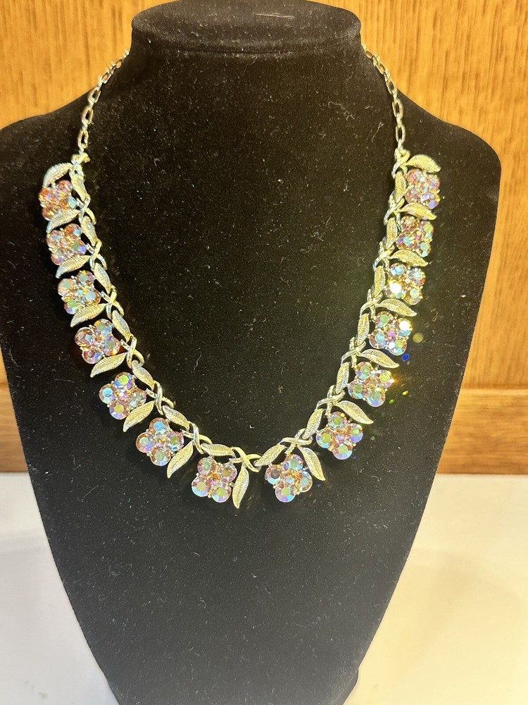 Choker Necklace Textured Leaves Aurora Borealis Rhinestone Faux Gold Tone