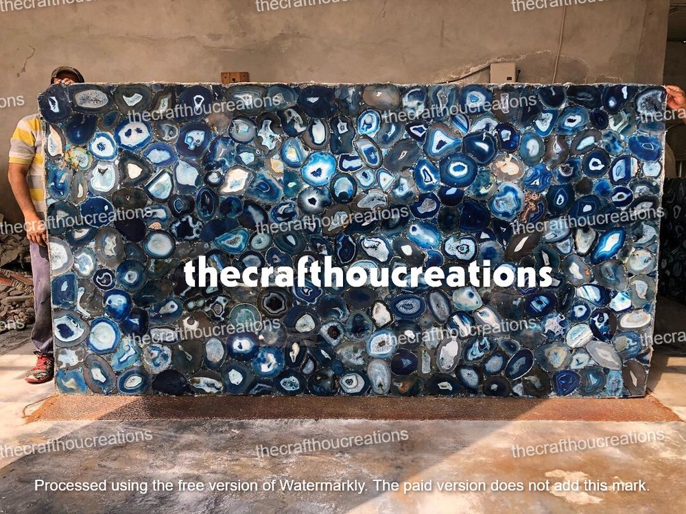 Blue Agate Geode Dining Table Top with Natural Stone Slab for Office or Christmas Sale