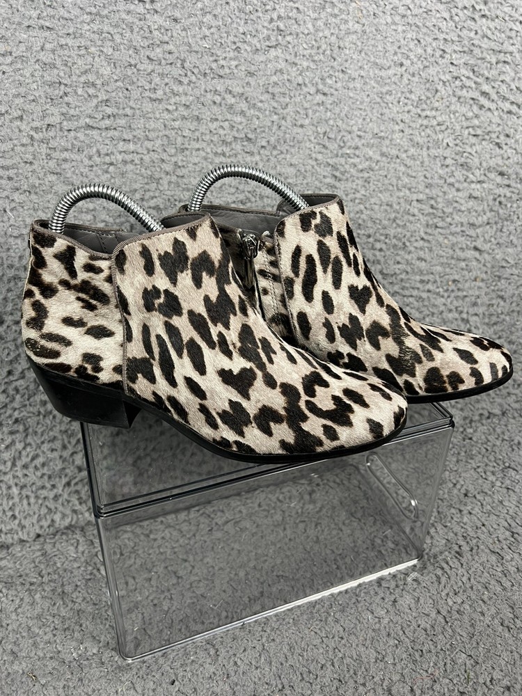 Sam Edelman Grey Black Leopard Calf Hair Zip Ankle Booties Women Size 7.5