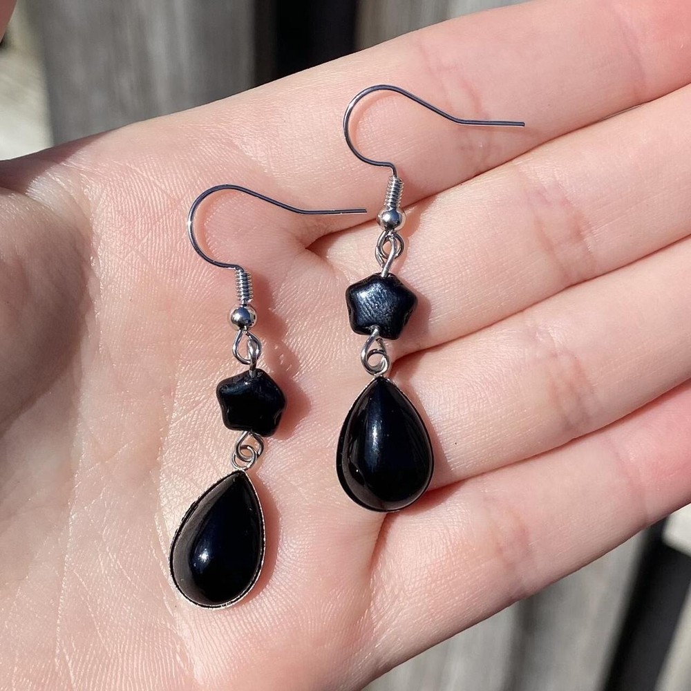 Onyx Gemstone Teardrop Cabochon Stainless Steel Earrings