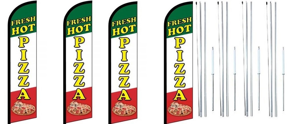Fresh Hot Pizza Windless Flag With Complete Hybrid Pole set- 4 pack