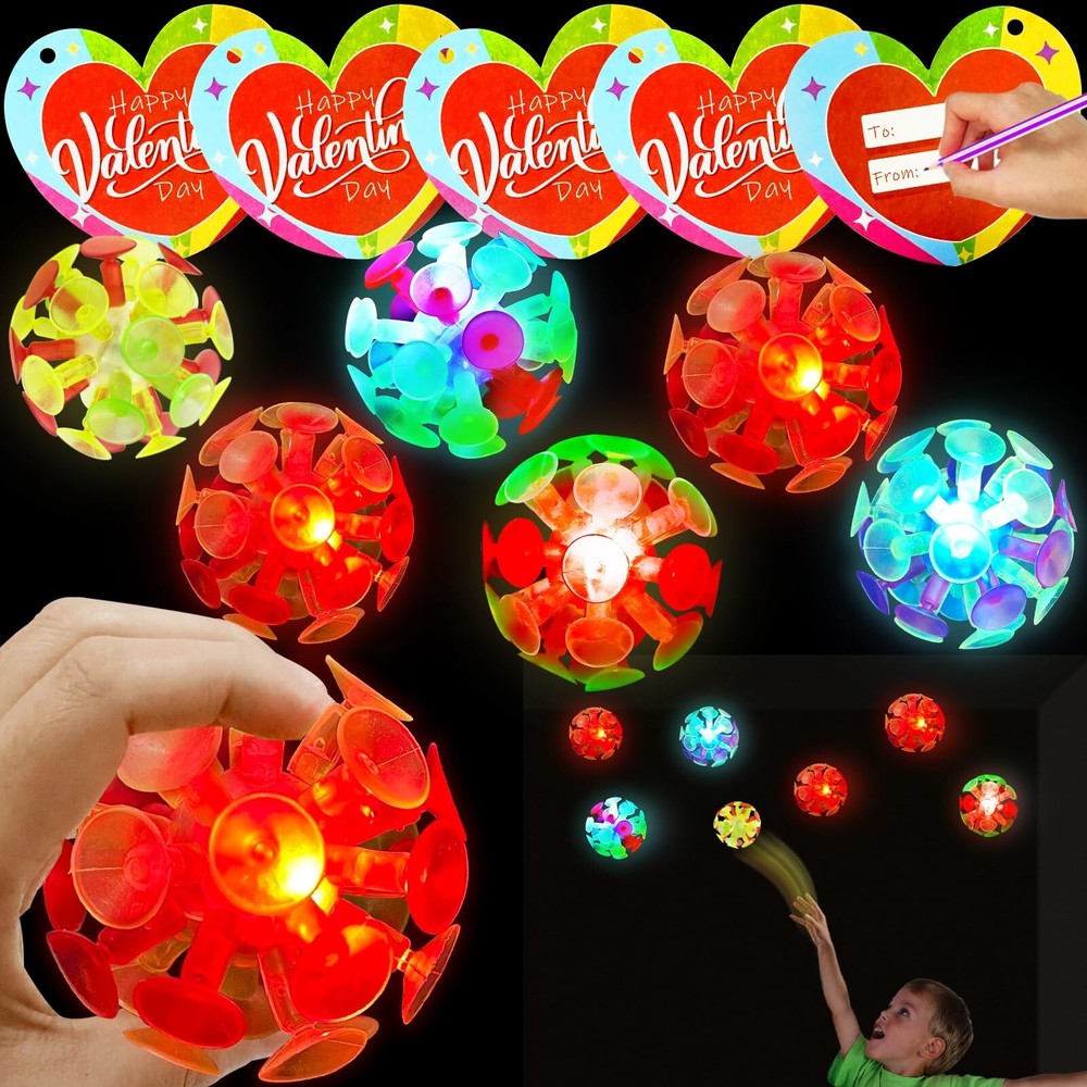24 Pack Valentines Day Gifts for Kids, Light Up Suction Cup Balls with Valent...