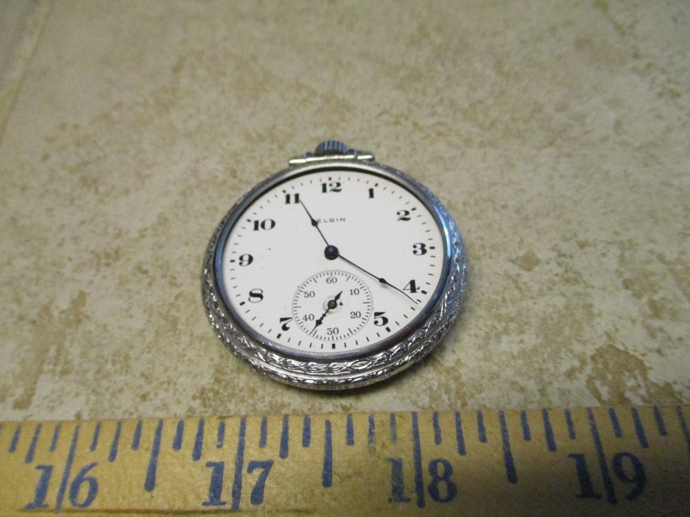 1924 Elgin Model 3 Grade 303 7J 12s Pocket Watch For Repair Open Face Silver ton