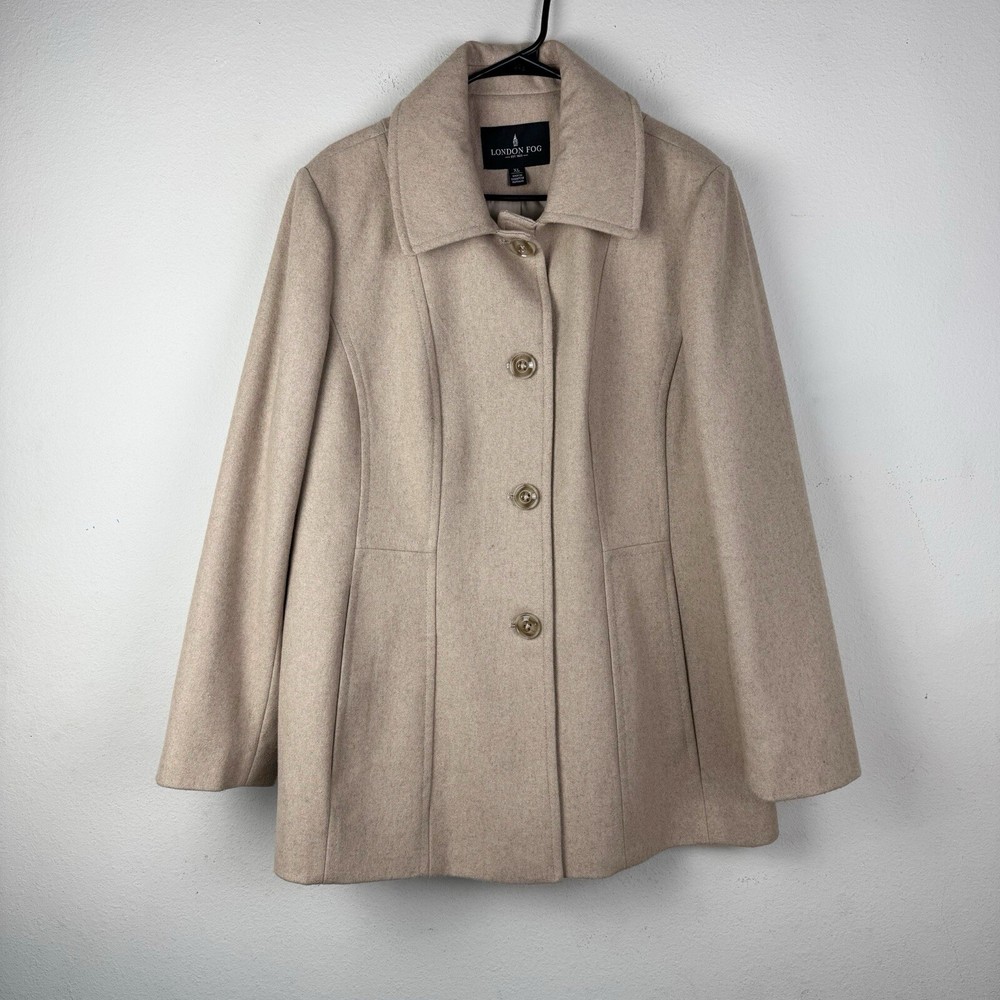 Abrigo Chaqueta Mujer London Fog XL Beige Botón Bolsillo Frontal Mezcla Lana
