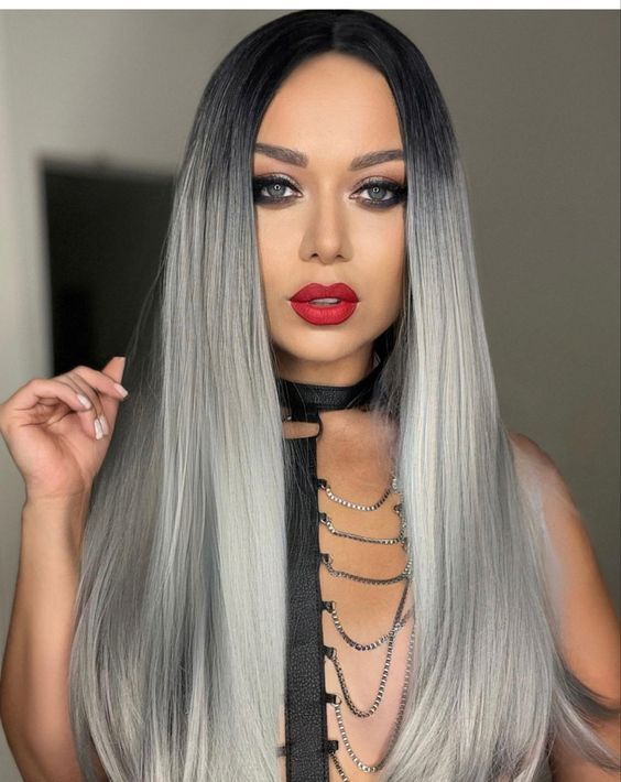 Straight Black Ombre Gray Wig Cosplay For Women Synthetic Wig