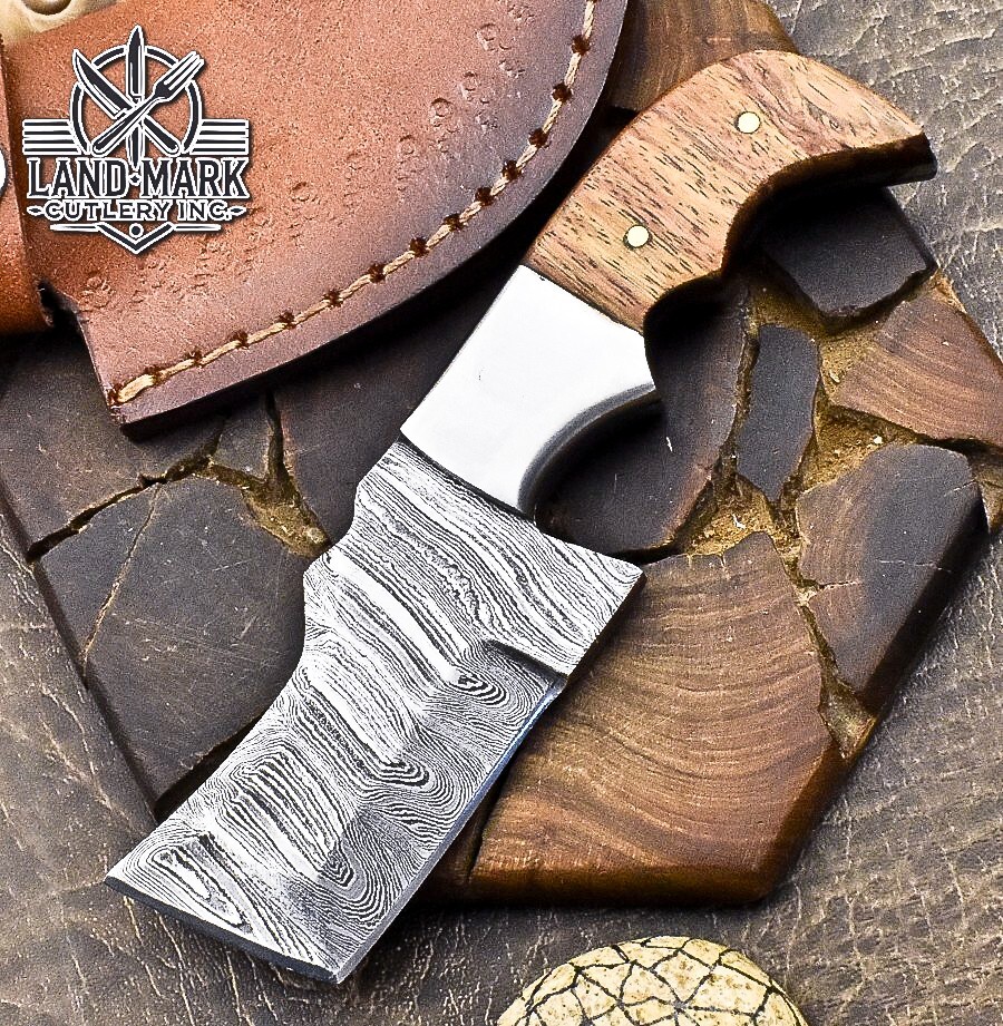 Mini Damascus Steel Tanto Hunting Knife with Wood Handle