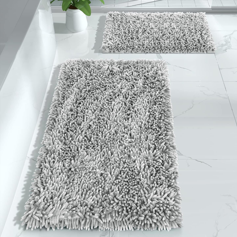 Gray Luxury 2-Piece Shaggy Bathroom Rug Set - Extra Thick Plush Non-Slip Mats