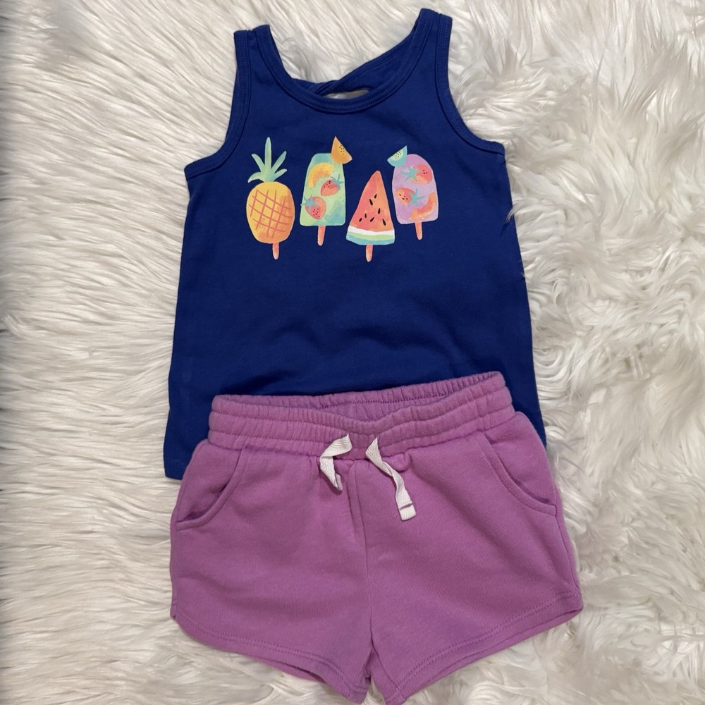 Jumping Beans Outfit Set Toddler Girls 18M Blue Tank Top Purple Shorts EUC