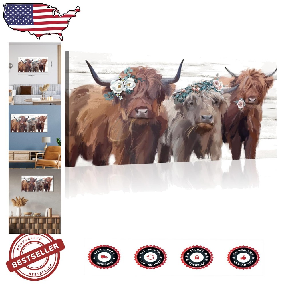 Waterproof Highland Cow Wall Art 20x40 Farmhouse Canvas Painting Decor