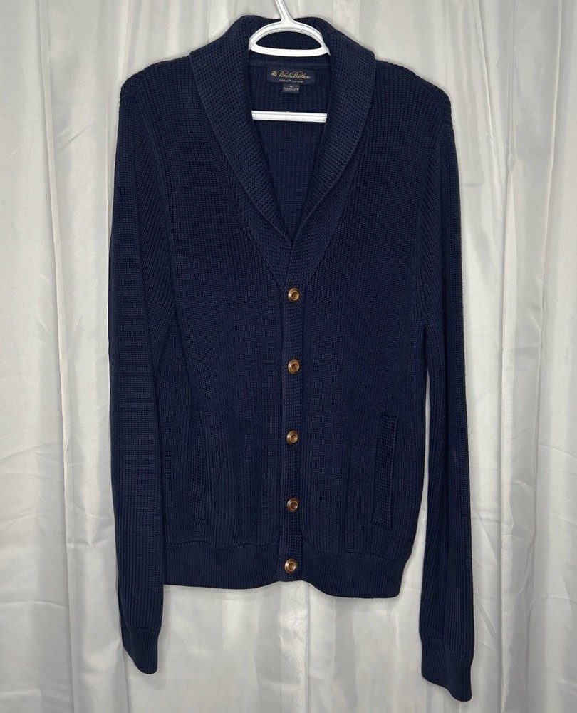 Brooks Brothers Ribbed Shawl Collar Cardigan Sweater Mens Size M Blue Button Up