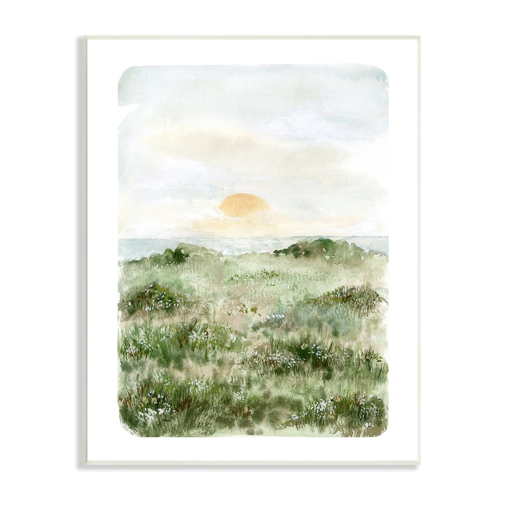 Stupell Grassland Field Sun Peeking Ocean Horizon Wood Wall