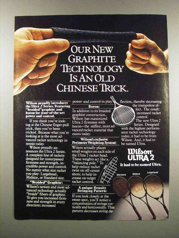 1983 Wilson Ultra 2 Tennis Racket Vintage Ad Featuring Chinese Trick Technique