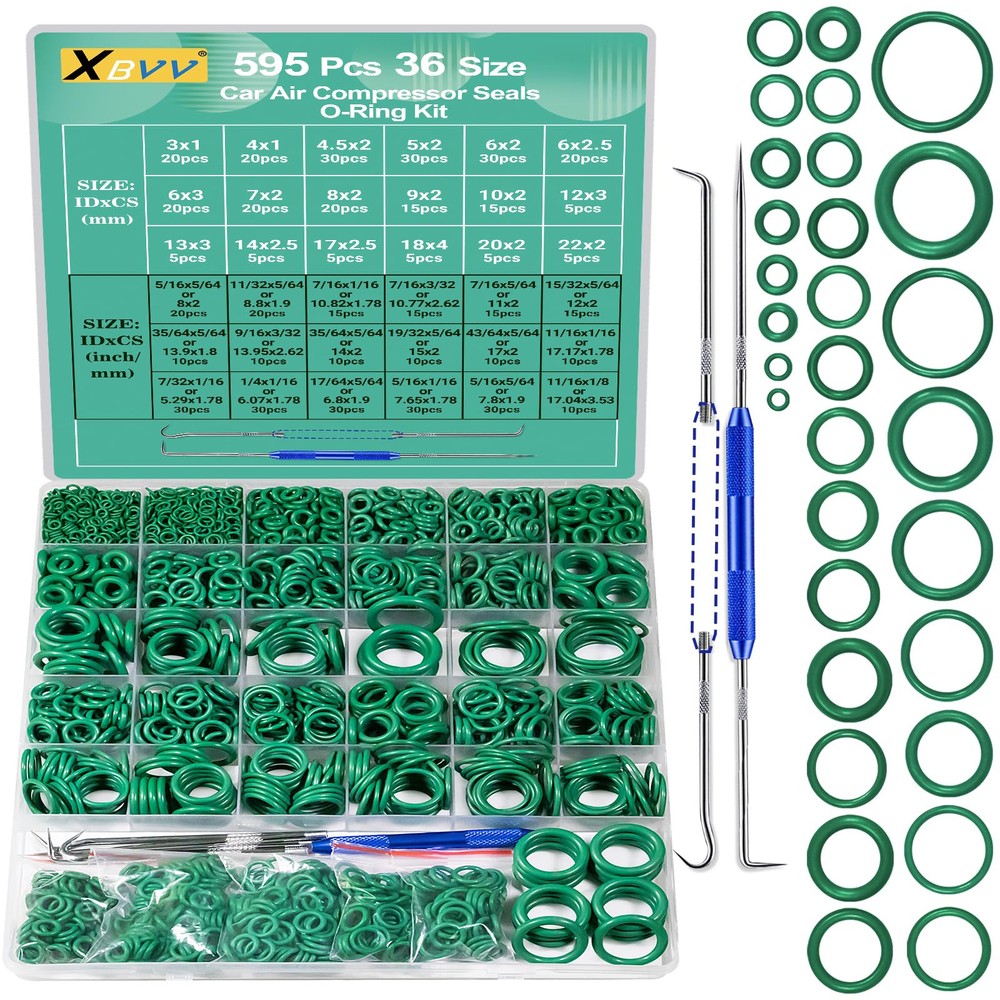 595 Pcs Metric and SAE Air Conditioning O-Ring Kit for Automotive A/C, Compre...