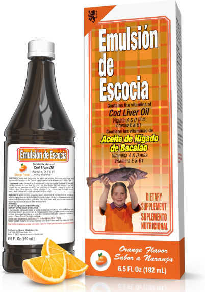 Orange-flavored cod liver oil liquid with vitamins A, D, E & B1 for immune support