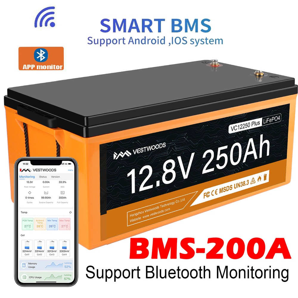12V 250Ah Ultra Smart Bluetooth Monitoring  LiFePO4 Lithium Iron Battery 200ABMS