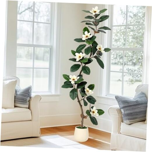 Rubber Tree 6FT Artificial Tree in White Planter Pot,Faux Plants 6ft Green