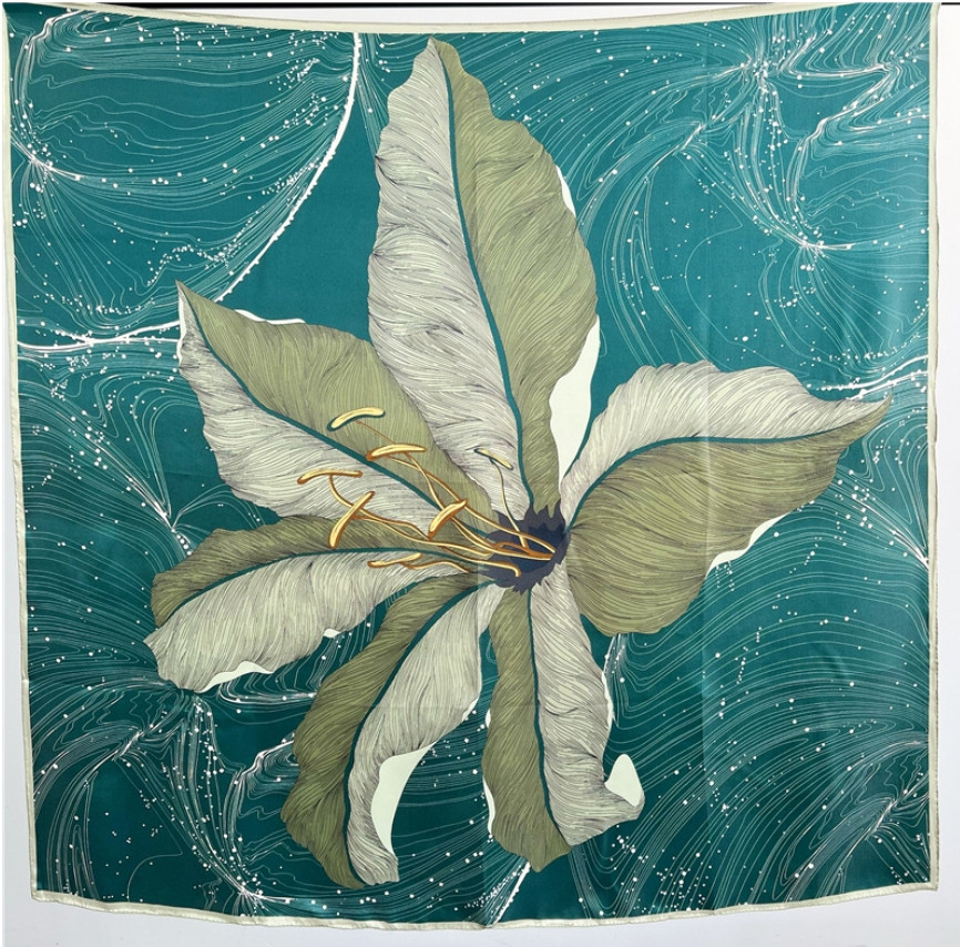 100% Mulberry Silk 110cm Square Scarf - Blooming Lily Print Versatile Fashion Accessory