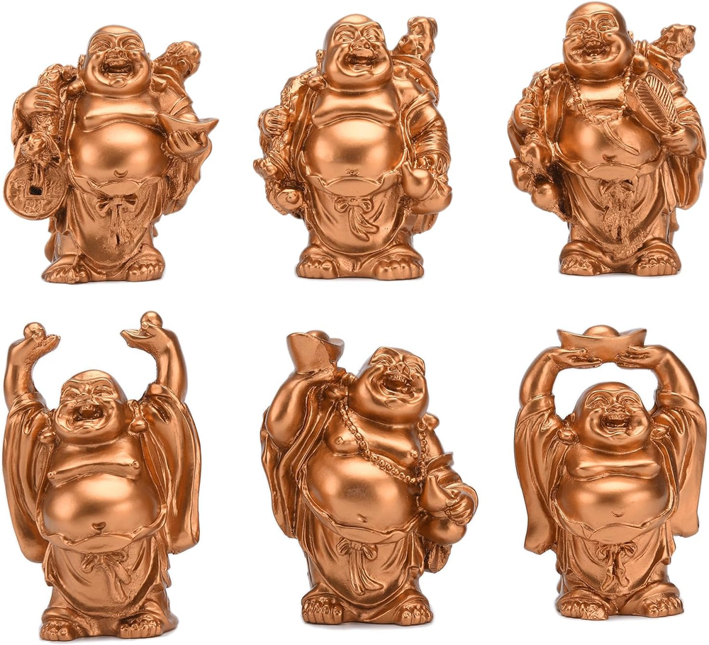 6Pcs Resin Laughing Buddha Statues for Good Luck & Happiness
