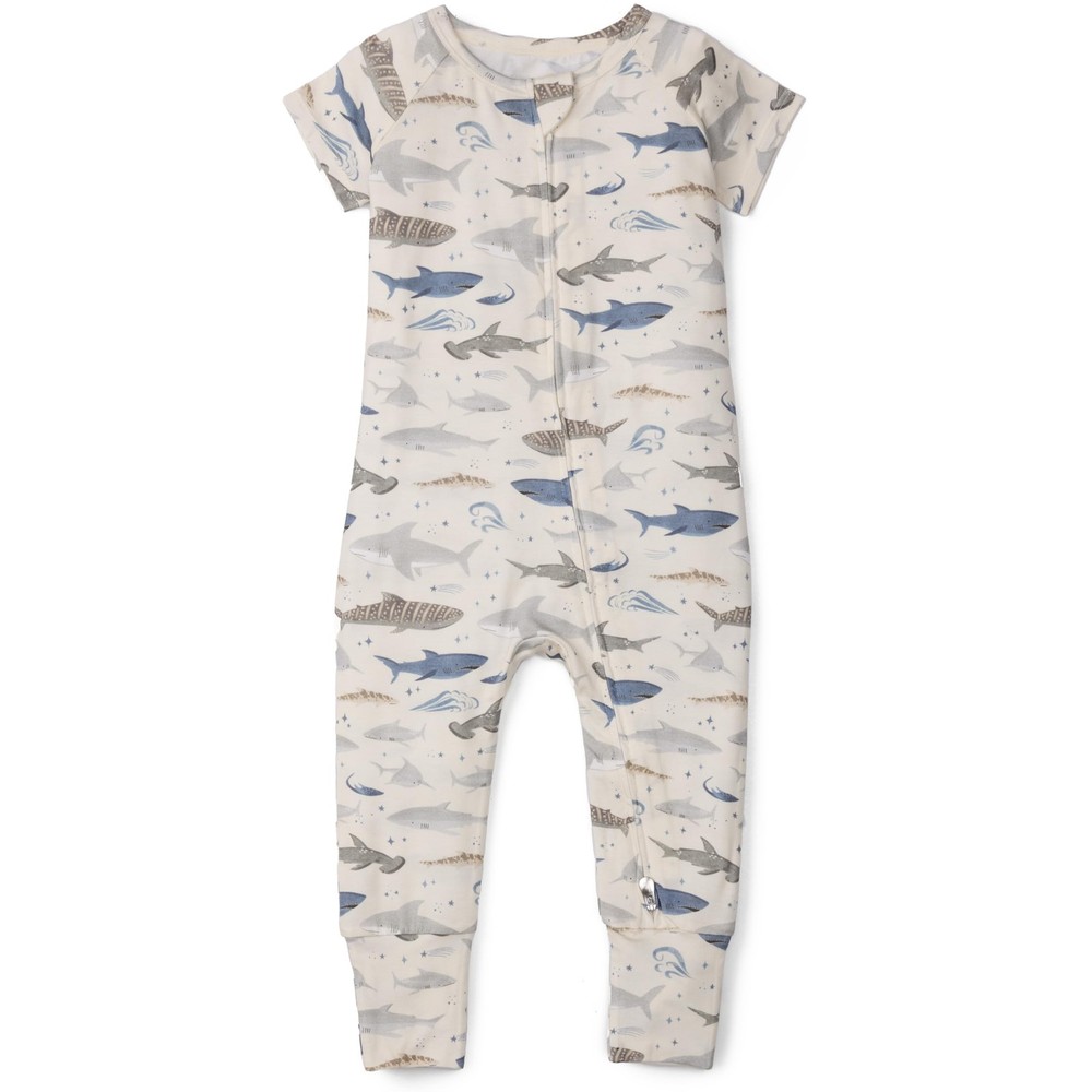 Tencel Lyocell Short Sleeve Zipped Romper - Smiley Sharks 12-18 M, Baby Footie